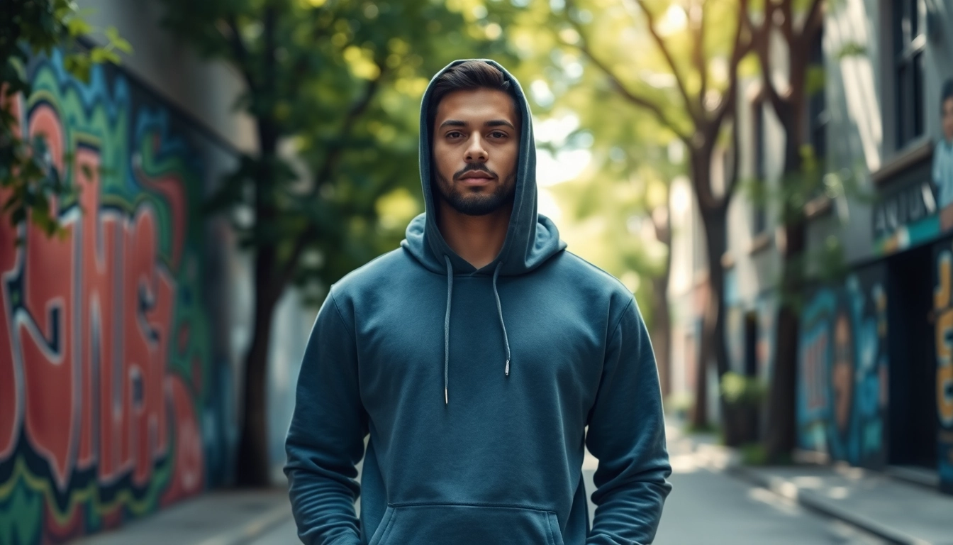 Showcasing high quality blank hoodies on a model in an urban environment with vibrant background.