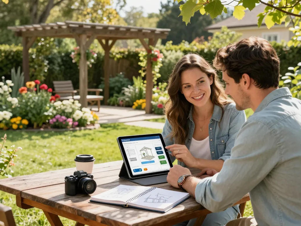 Couple using an online pergola configurator to design their perfect outdoor space surrounded by blooming plants.