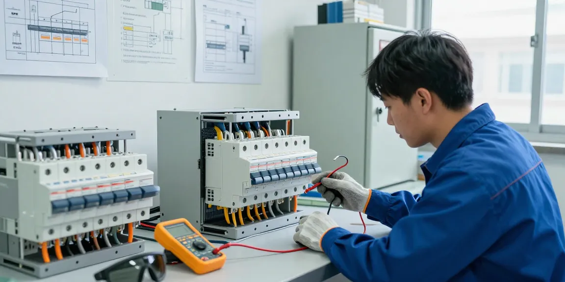 Moulded case circuit breaker technician testing electrical components in a modern workshop