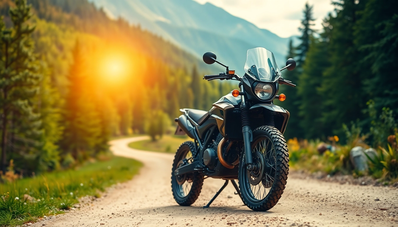 An adventurous dual sport street legal motorcycle on a scenic dirt road amid nature's beauty.