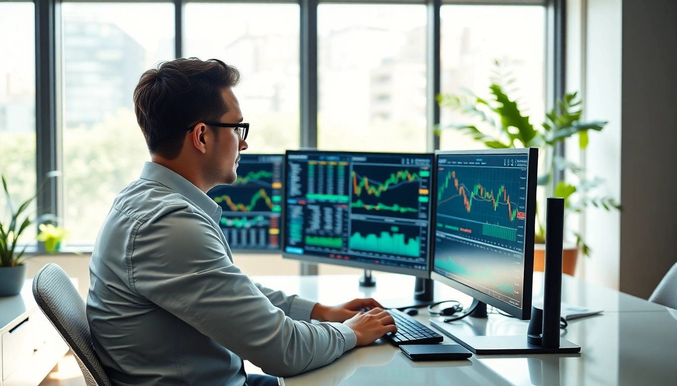 Engaged trader utilizing webull desktop for stock analysis in a modern workspace.