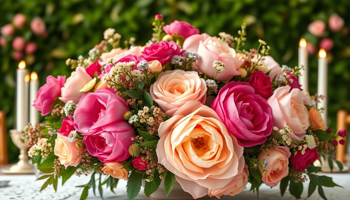 Admiring wedding flowers in an elegant bouquet featuring peonies and roses.