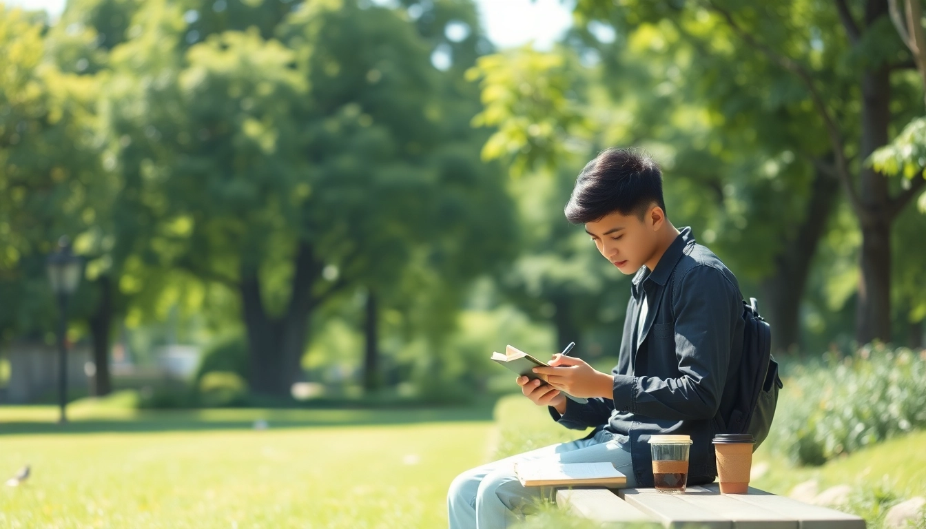Find my true calling depicted through a professional pondering in nature with a notebook and coffee.