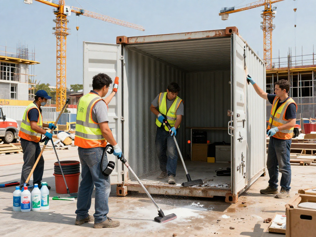 Containerreinigung Firma Dortmund reinigt Baucontainer mit professionellen Reinigungswerkzeugen.
