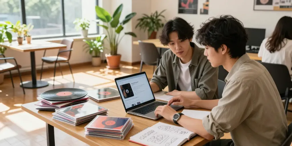 在现代协作空间中，年轻人探讨汽水音乐下载的使用方法，桌上有音乐CD和笔记本，气氛活力四射。