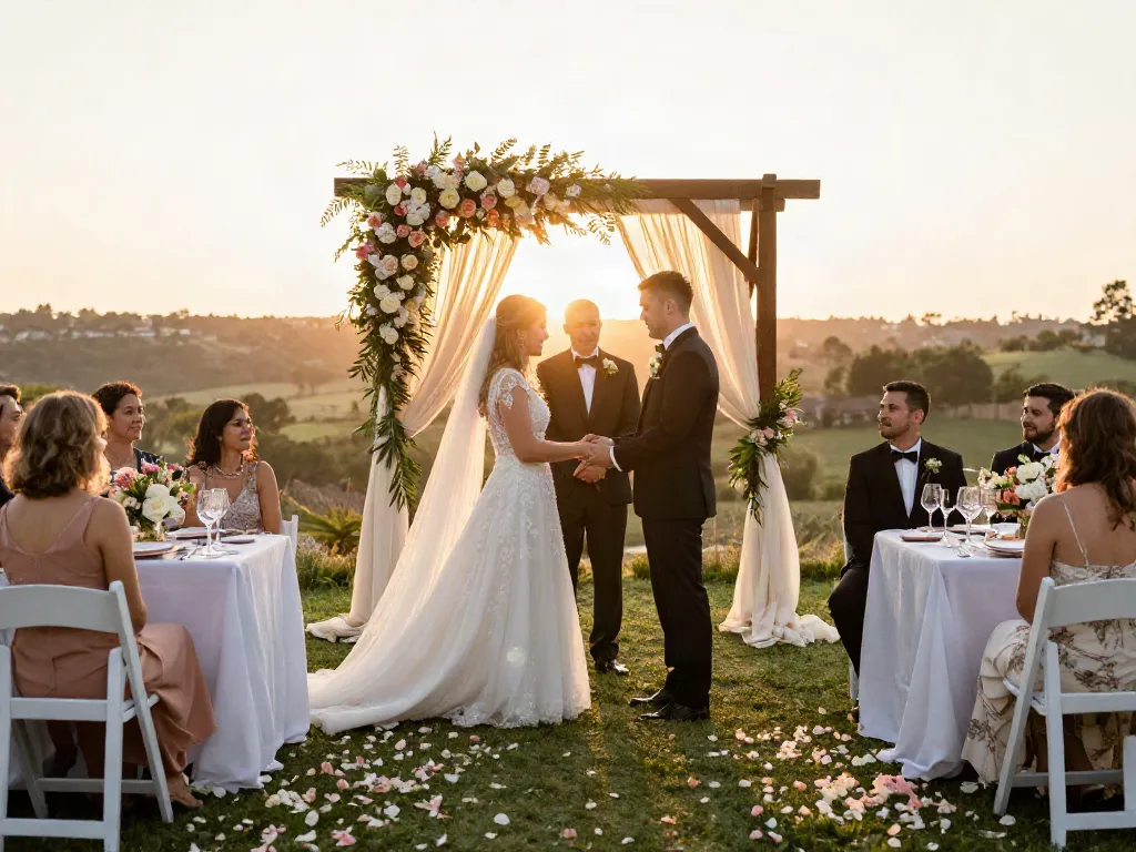 Event rentals enhance a beautiful outdoor wedding, creating a romantic atmosphere with elegant decor.