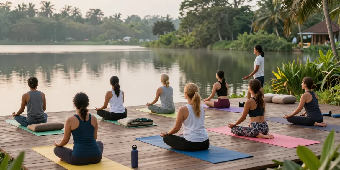 Stefan Camilleri Yoga students practicing Vinyasa flow at serene lake retreat in Sri Lanka.