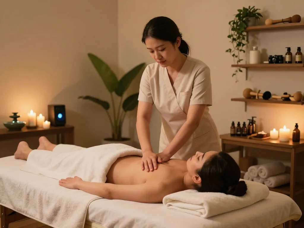 숙련된 치료사가 편안한 세션을 제공하는 잠실스웨디시 마사지 요법의 편안한 분위기.