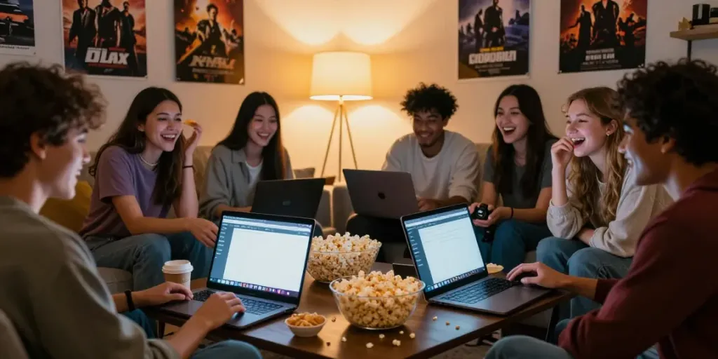 Friends enjoying a movie marathon using the idlix web in a cozy living room.