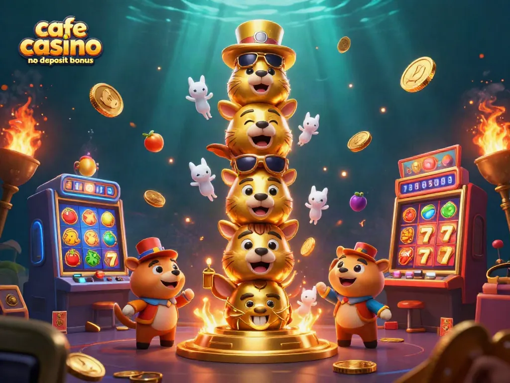 Experience the excitement of cafe casino no deposit bonus with vibrant 3D casino elements and totem illustration.