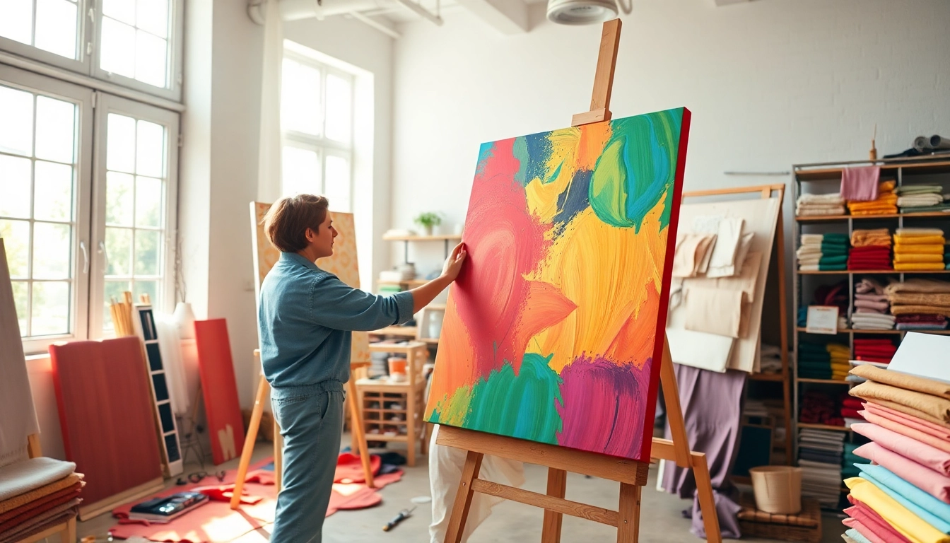 Creëren met canvas in een kleurrijke studio vol stoffen en materialen.