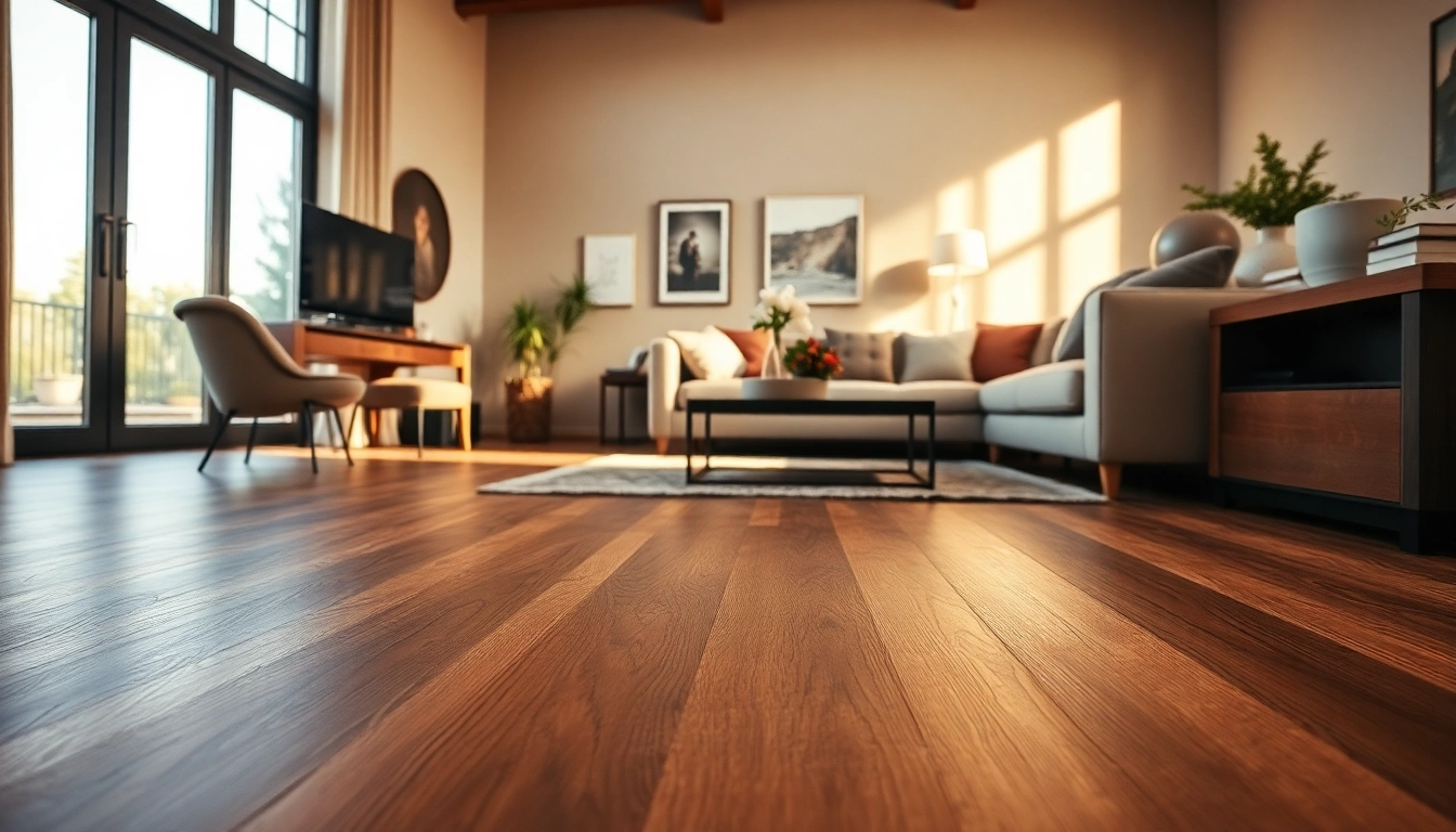 Install vinyl flooring in a modern living room with elegant design and warm lighting.