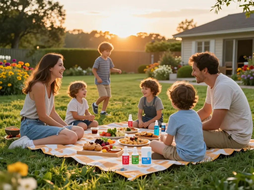 Family enjoying a picnic outdoors with mosquito repellent products visible, ensuring a bug-free experience.