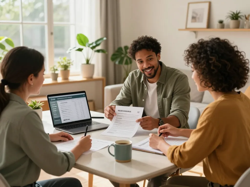 We buy houses consultation with diverse adults reviewing documents at home, showcasing inviting atmosphere.