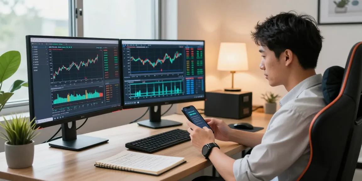 Trader analyzing MetaTrader 5 charts in a modern home office with multiple screens and a notebook.
