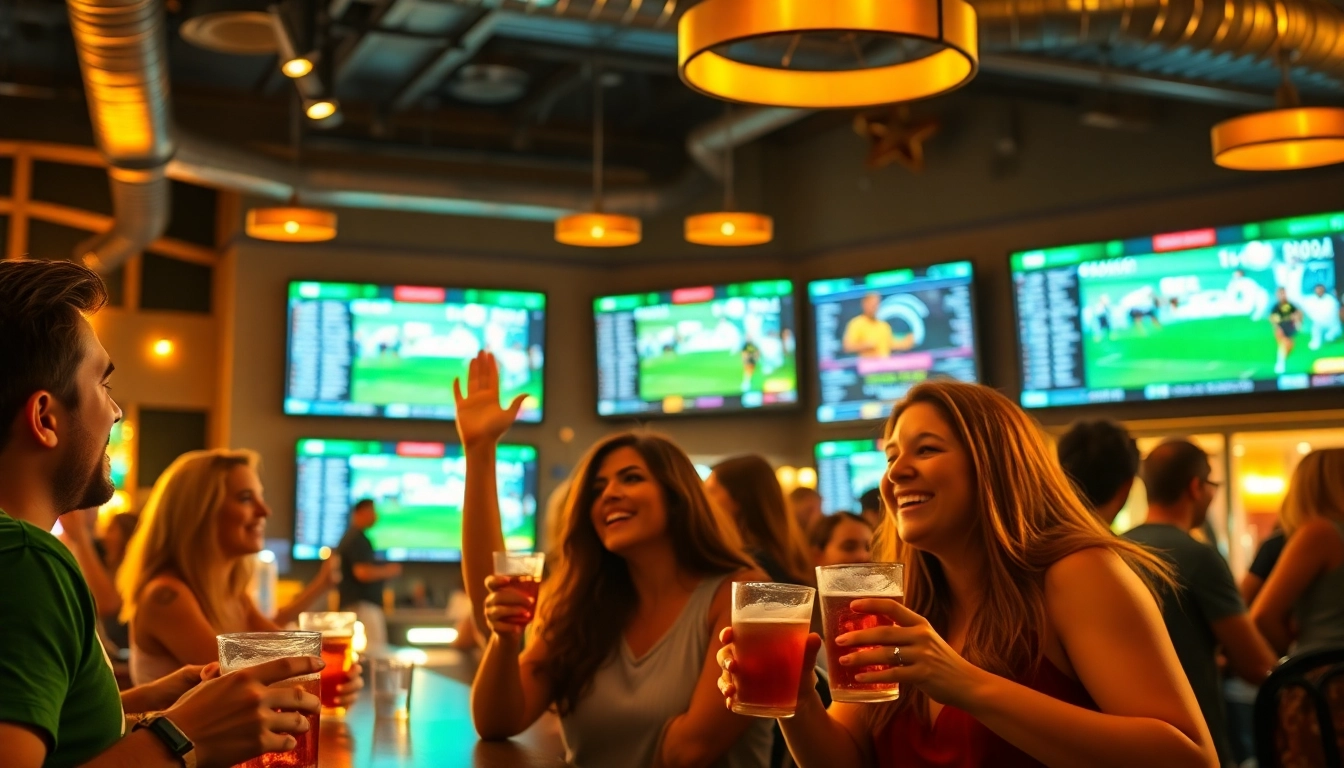 Enthusiastic fans enjoying sports betting Texas in a lively sports bar atmosphere.