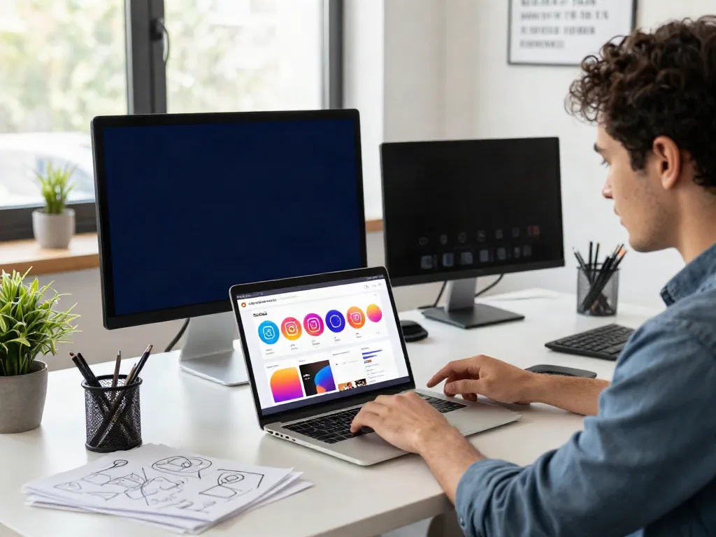 Analyzing insanony engagement metrics in a modern office workspace with colorful graphs and inspirational decor.