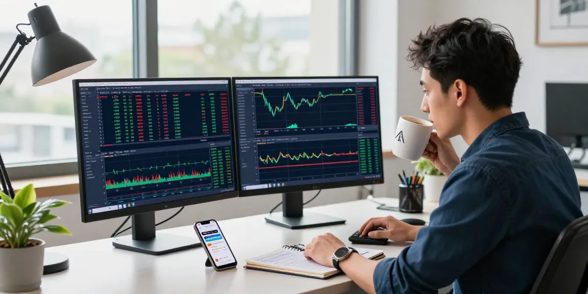 Trader analyzing mt4 charts in a modern workspace with multiple screens and trading tools.