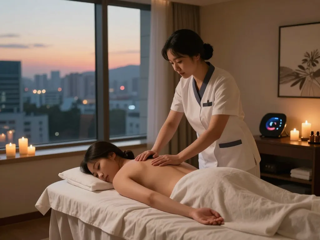Incheon 출장마사지 therapy session in a serene hotel room with calming elements.