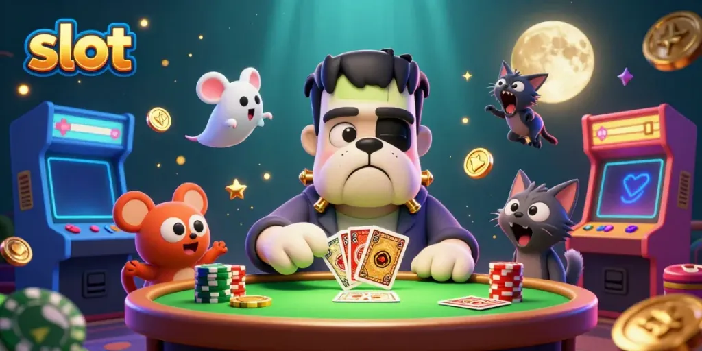 Slot gacor yang menarik, menampilkan karakter kasino 3D dalam suasana spooky.