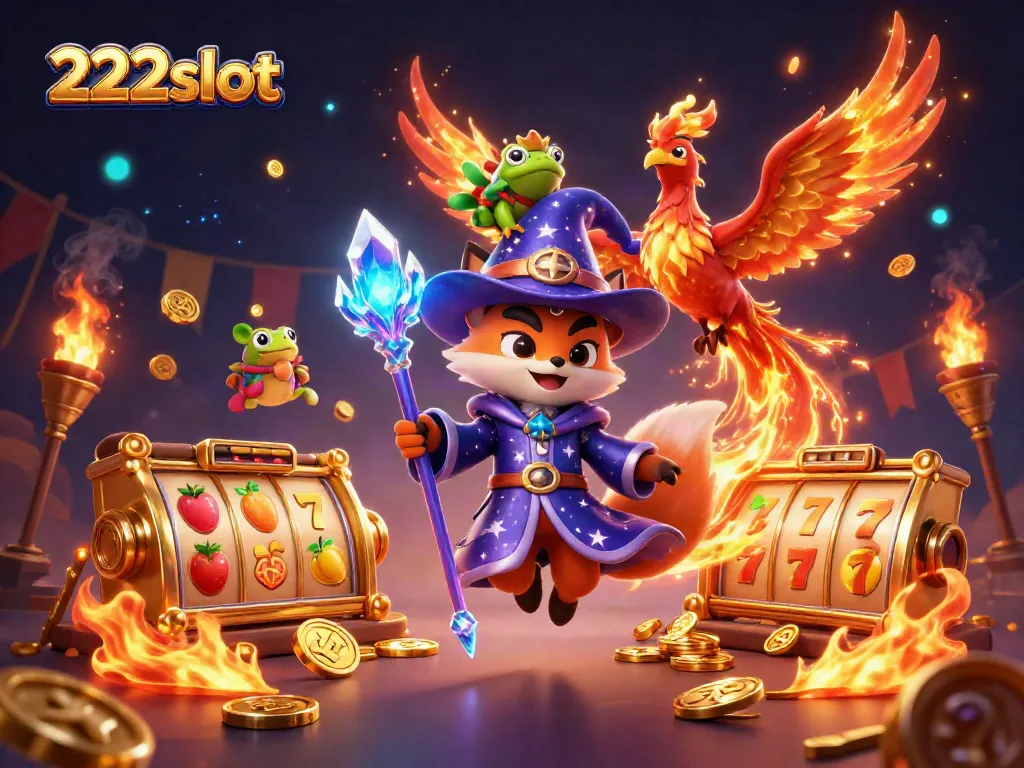 Gambarlah 222slot dengan slot reel bersinar dan karakter pembawa keberuntungan dalam suasana magis.