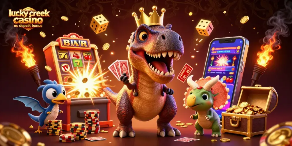 Experience the excitement of the lucky creek casino no deposit bonus with cartoon characters gathering around casino fun.