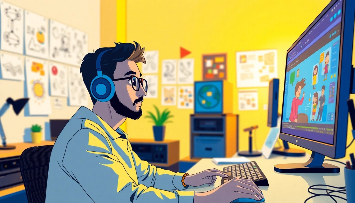 Animationsagentur präsentiert einen Animator bei der Arbeit, um kreative Inhalte zu produzieren.