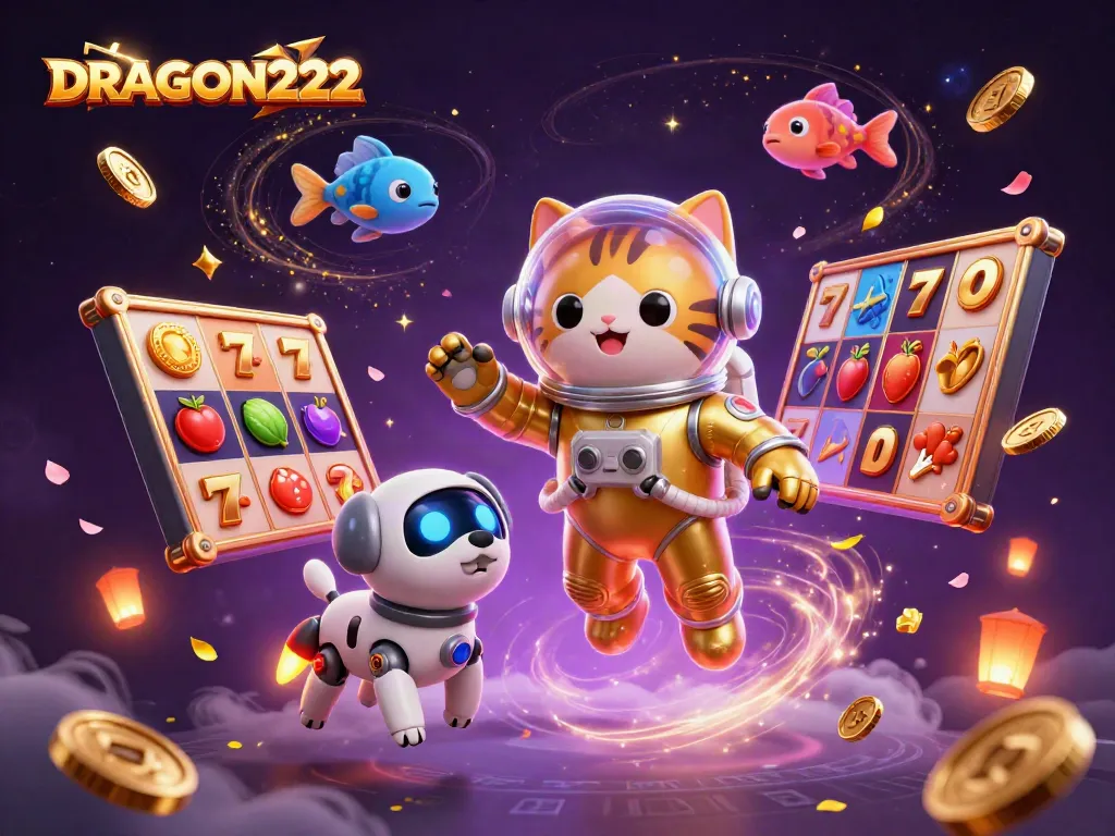 Play DRAGON222 slots with a vibrant 3D scene featuring an astronaut cat and dynamic casino elements.