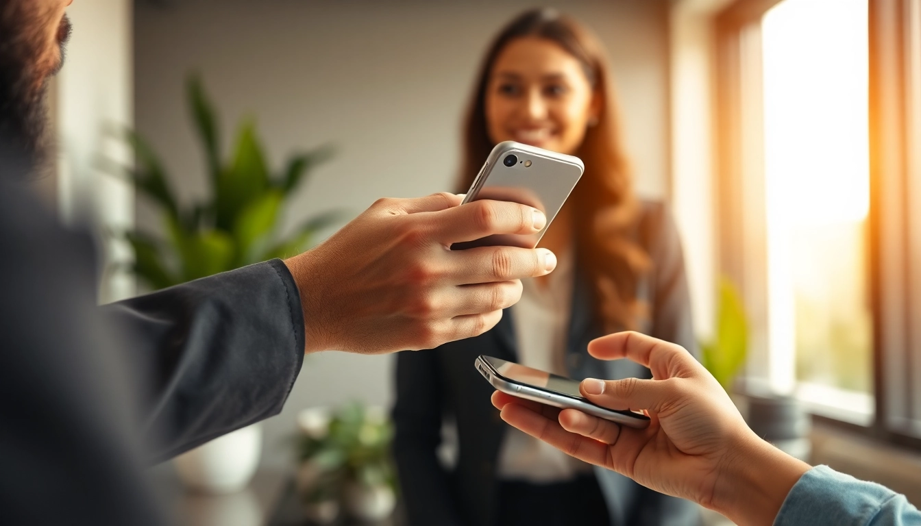 Trade in phone for cash transaction between a user and a representative in a modern office.