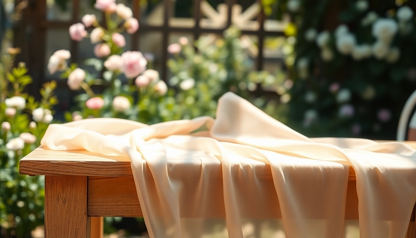 Chiffon stof mooi gedrapeerd op een houten tafel met een romantische tuin op de achtergrond.