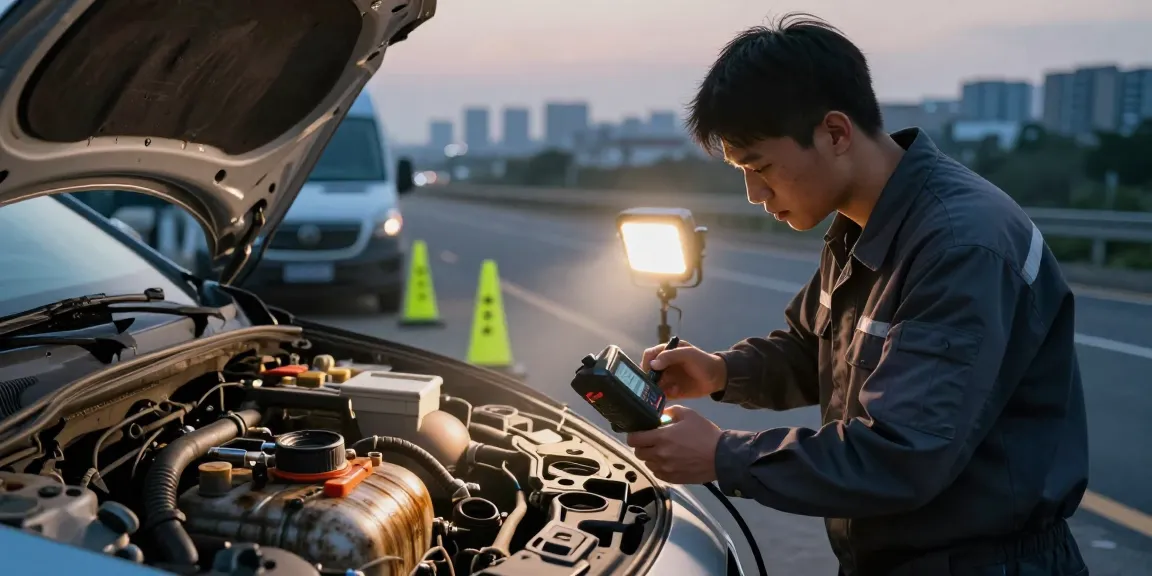 Technician inspecting a vehicle with contamination in fuel tank during roadside service, emphasizing urgency and professional care.