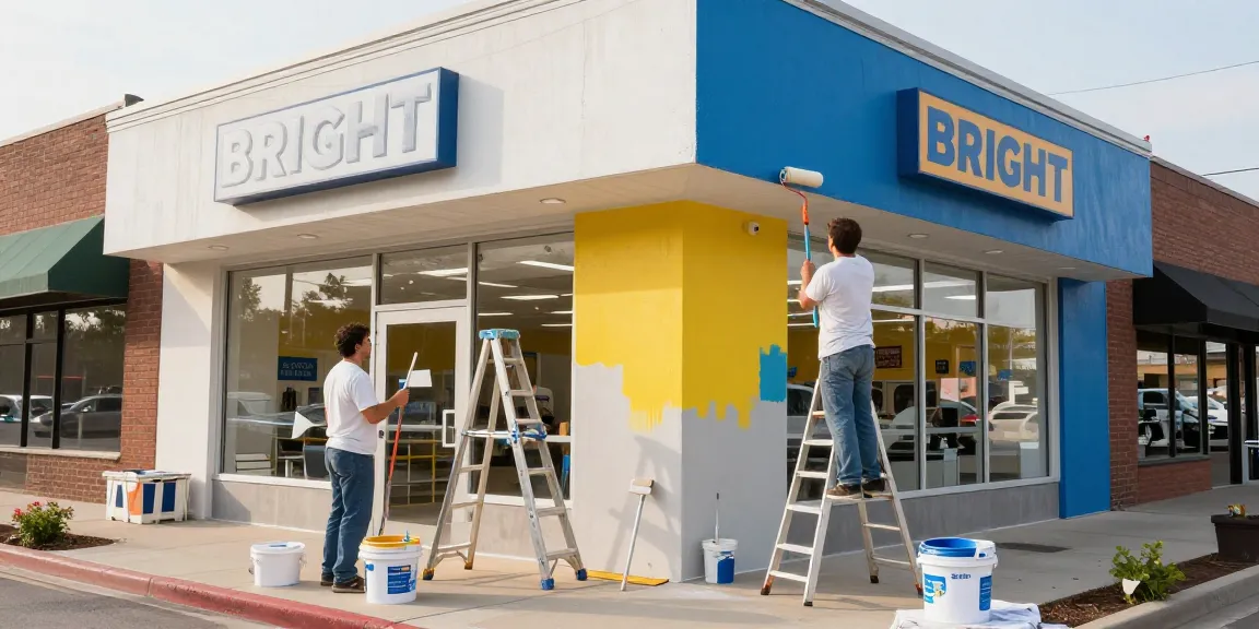Commercial painting Des Moines team revitalizing a storefront with vibrant colors, showcasing professional techniques and tools.