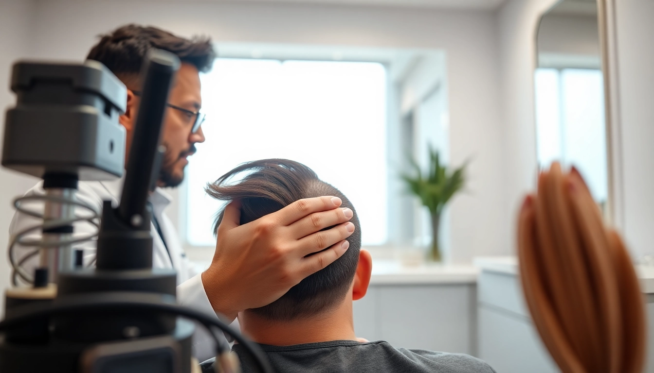 Ace of Fades 212 specialist providing personalized hair restoration solutions to a client.