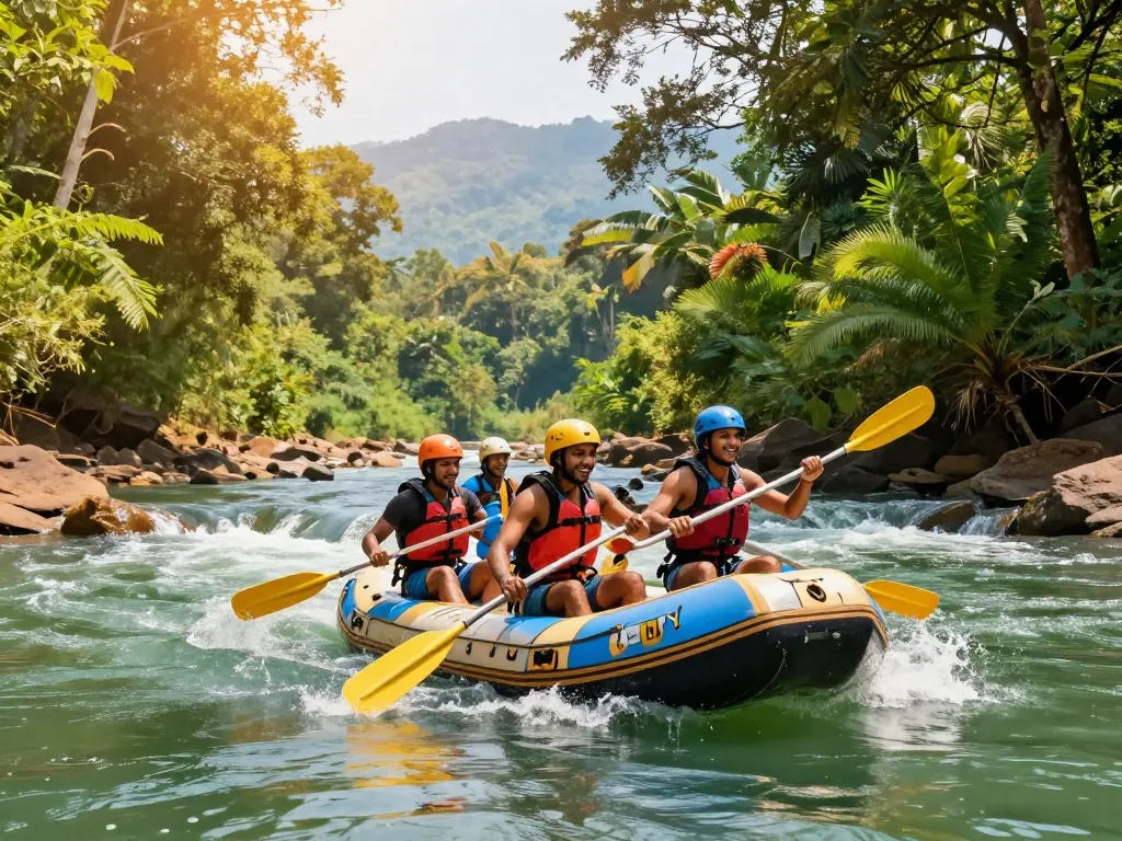 Dandeli river rafting adventure featuring enthusiasts navigating vibrant waters surrounded by lush greenery.