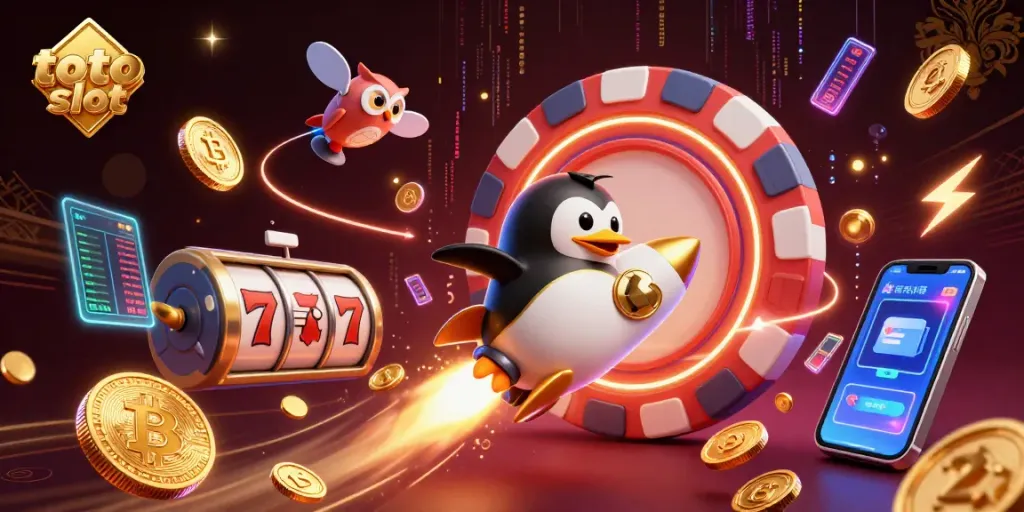 Putar toto slot dengan penguin emas dan koin cerah menuju stasiun kasino.