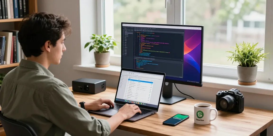 OpenClaw AI assistant in a modern home office workspace with coding screens.
