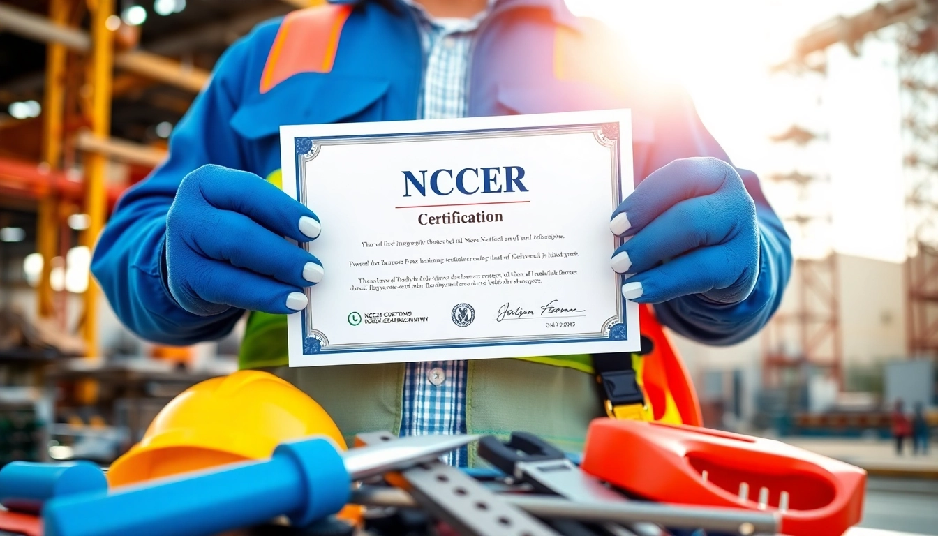 NCCER certification displayed by a professional construction worker at worksite highlighting skill and achievement.
