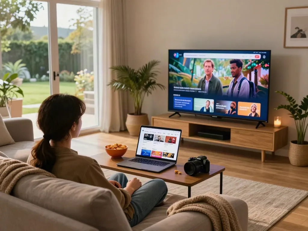 Cozy living room scene featuring a person watching ZoeChip movies on a smart TV with snacks and warm lighting.
