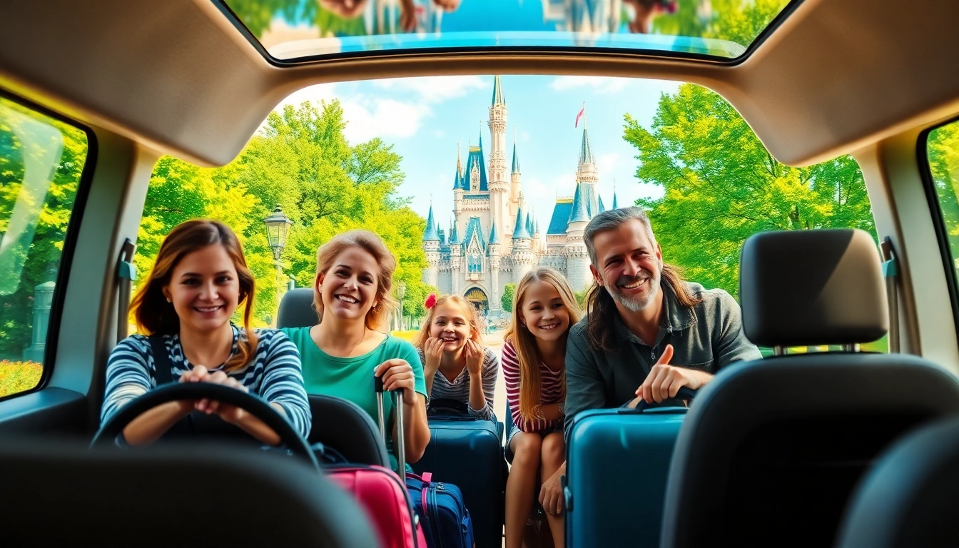 Experience Disneyland Paris airport transfer services seamlessly with a joyful family arriving at the magical destination.