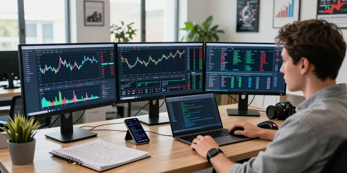 Trader analyzing MetaTrader 5 interface on multiple screens in a modern workspace.