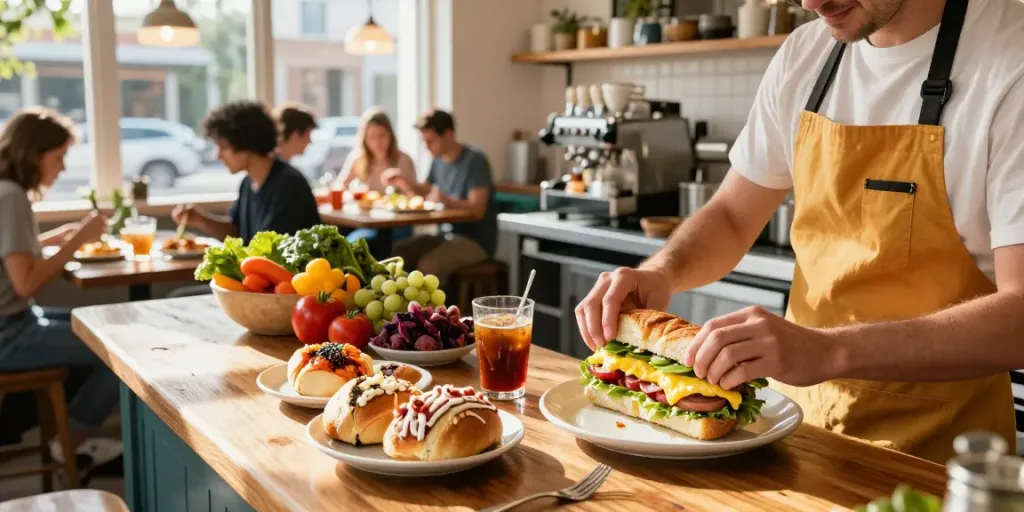Best brunch Austin scene with barista preparing NYC-inspired breakfast sandwiches in a lively café setting.