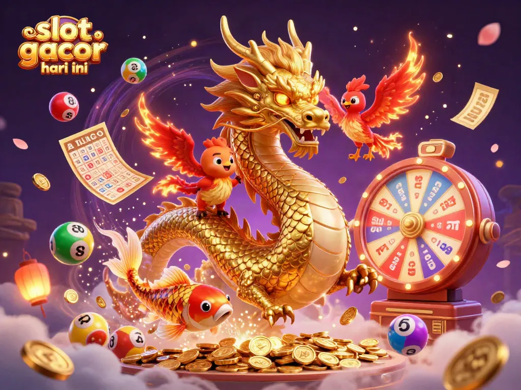 Menangkan slot gacor hari ini dengan bermain slot online, dikelilingi oleh simbol keberuntungan.