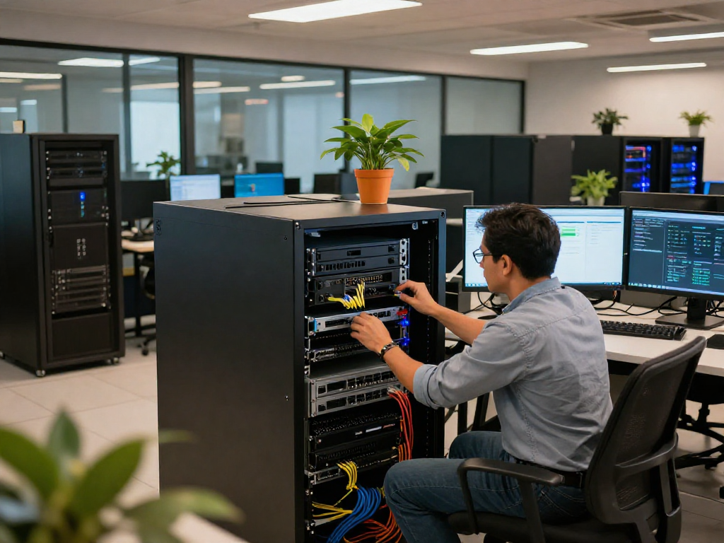 Efficient tech workspace featuring dedicated servers en Mexico being configured by an IT technician, showcasing modern technology.