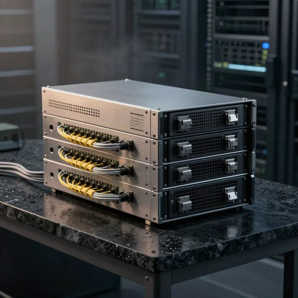 Stacked server chassis with fiber leads on black stone in misty pre-dawn light.