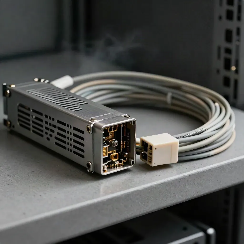 Macro still life of a rack fan module, SFP transceiver, and coiled cable in cool mist.