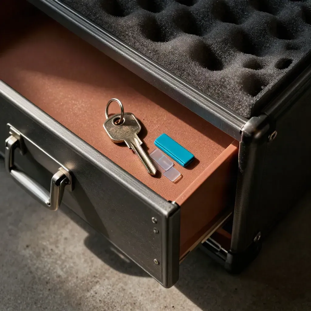 Locked server drawer, key and tamper seals in a foam-lined case, top-down closeup.