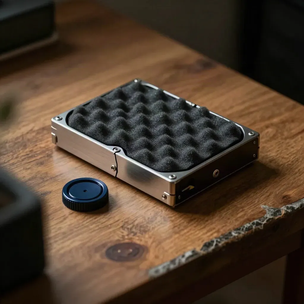 Backup drive in foam beside a sealed metal case and maintenance puck in dramatic low light.