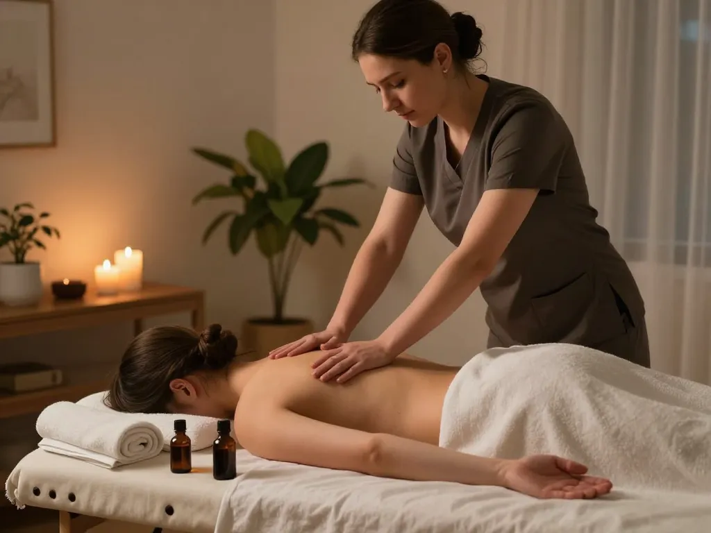 https://www.russiamobilemassage.com 전문 치료사가 개인 맞춤형 러시아 마사지를 제공하는 평화로운 홈 마사지 설정을 보여줍니다.