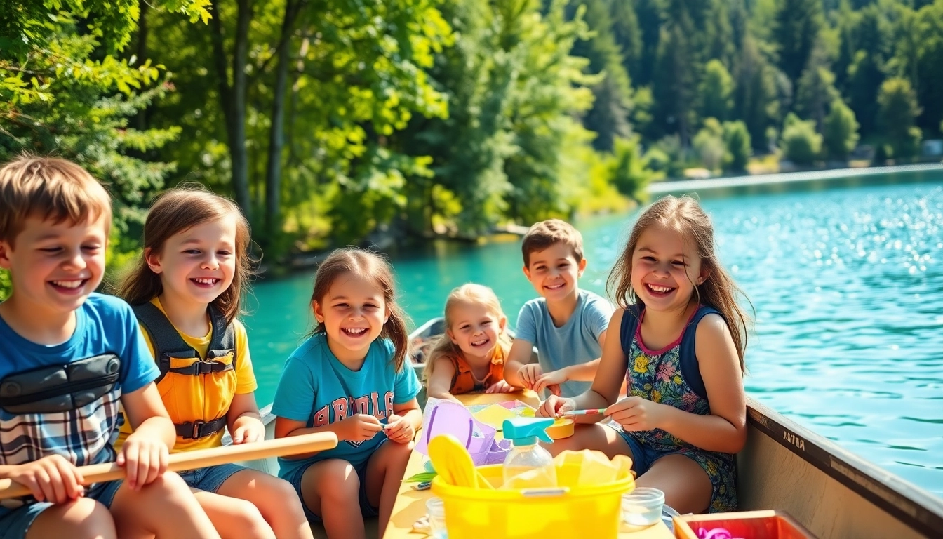 Happy children enjoying summer youth camp activities in a vibrant outdoor setting.