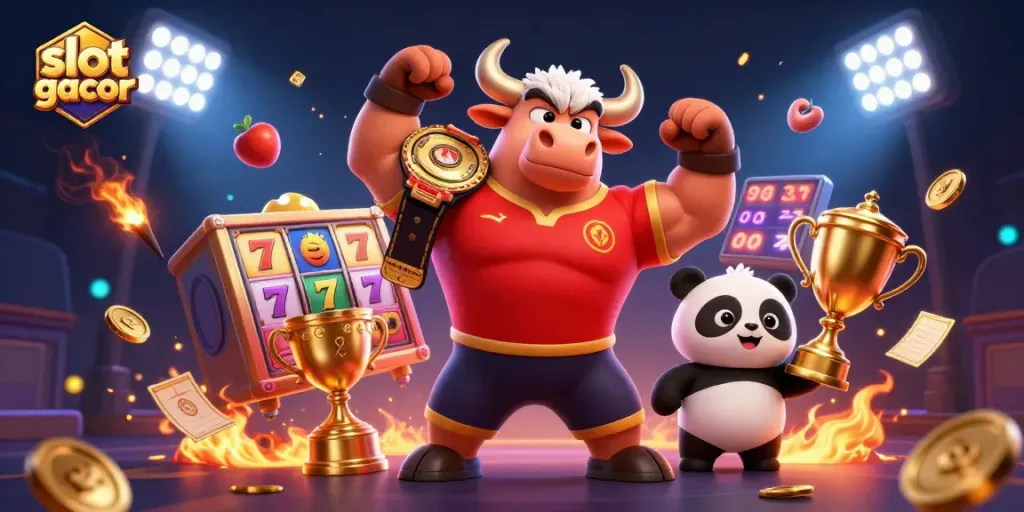 Play 'slot gacor' with dynamic slot reels and jackpot counters, featuring a bull mascot, eagle, and panda.